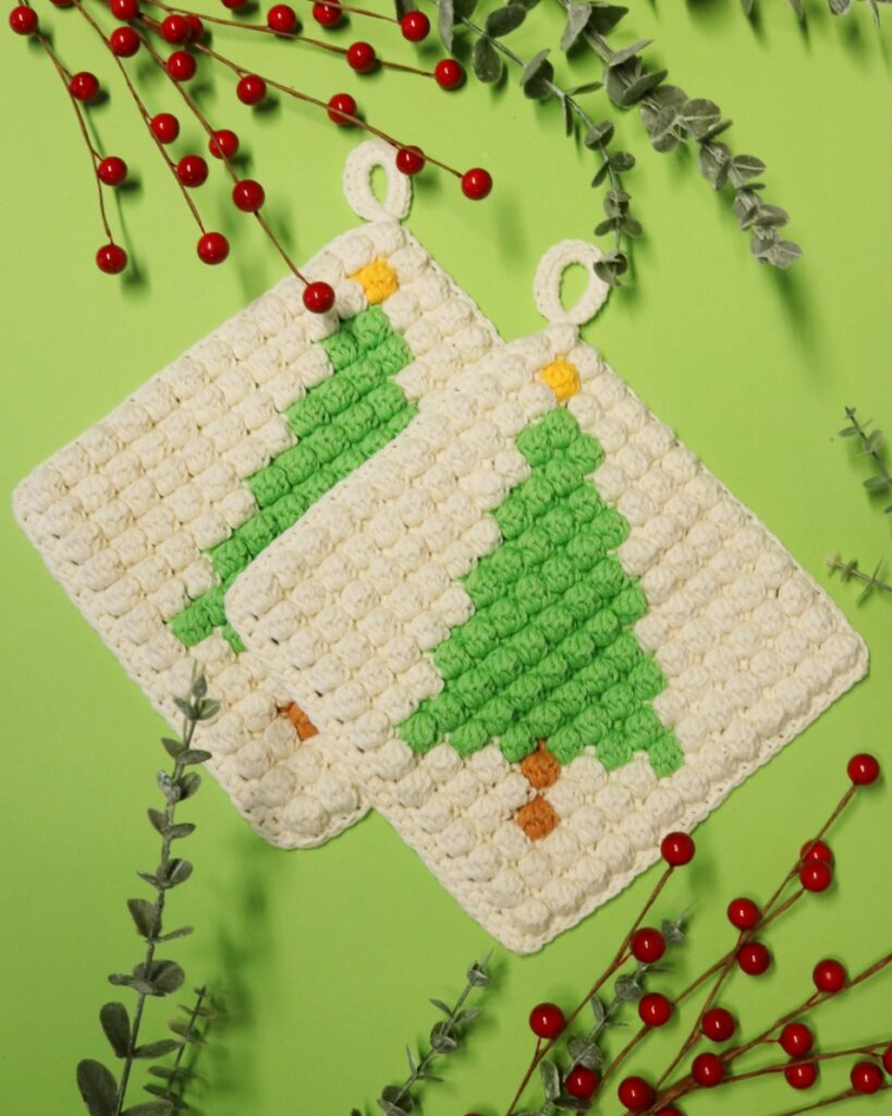 Garn til Boblegrydelapper med Juletræer (GRATIS hækleopskrift)