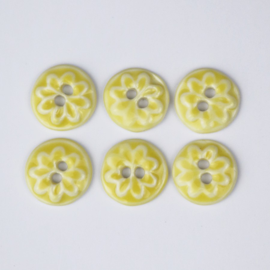 Håndlavede knapper, 6 stk, gul, 'Citrus mini flora', nr. 19