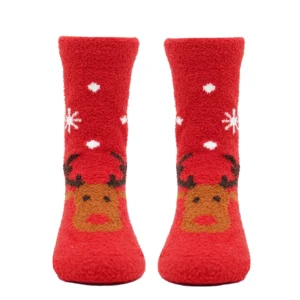 Fluffy strømper, rød med Rudolf og sne, str. 5-7 år