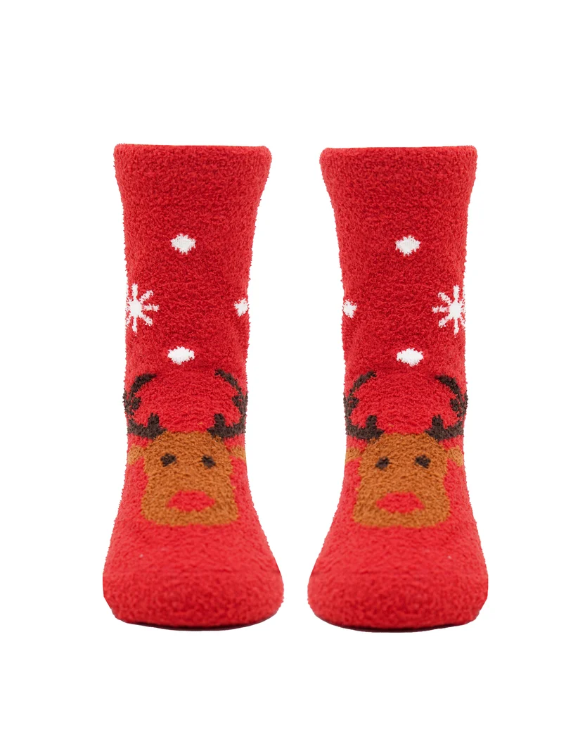 Fluffy strømper, rød med Rudolf og sne