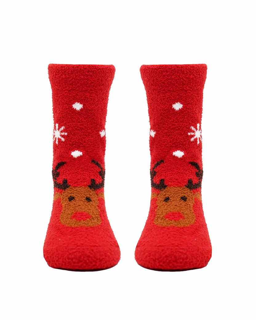 Fluffy strømper, rød med Rudolf og sne