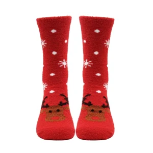 Fluffy strømper, rød med Rudolf og sne, str. 36-40 år
