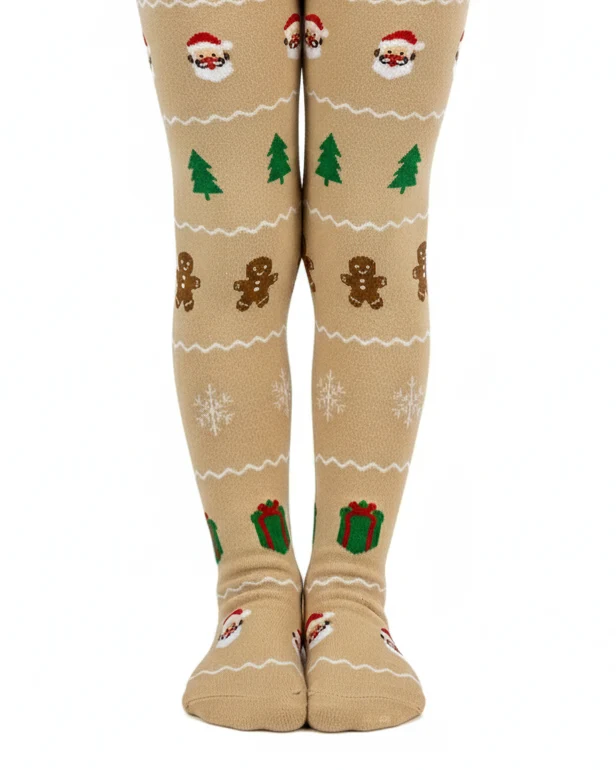 Julestrømpebukser til børn, beige med julemotiver, str. 2-4 år